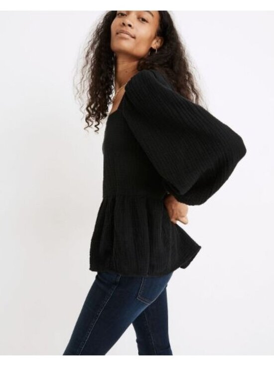 Madewell Tops - Madewell Black Cotton Gauze Millbrook Puff-Sleeve Peplum Top L